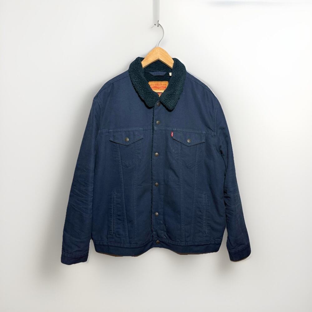 Levis Sherpa Trucker Jacket Mens XXL Dark Blue Denim Lined Coat